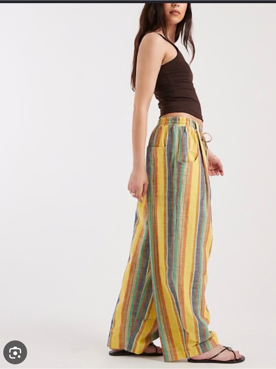 Free People Pants - Free People Wide-Leg Striped Drawstring Pants - Yellow Multicolor